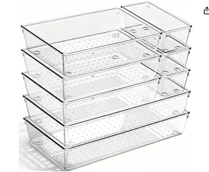 8 Pack Large Clear Plastic Drawer Organizer Bins - Acrylic Bathroom Drawer Organizer Trays - Heavy Duty Kitchen Drawer Dividers for Utensils - Non-Slip Storage Bins for Makeup, Bedroom, Office Desk