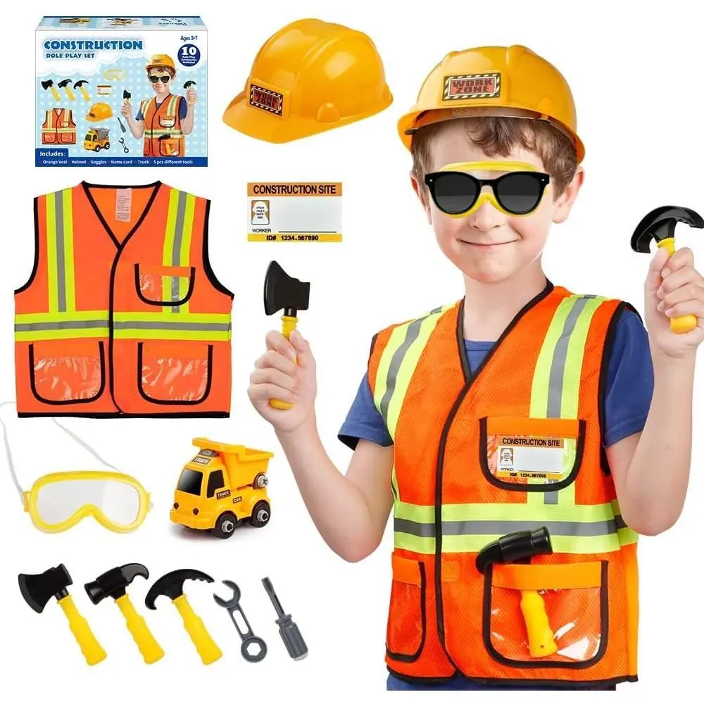 X-CPA06   Construction Worker Costume for Boys, Pretend Builder Career Outfit with Self-assembly Engineer truck, Role Play Dress Up for Halloween