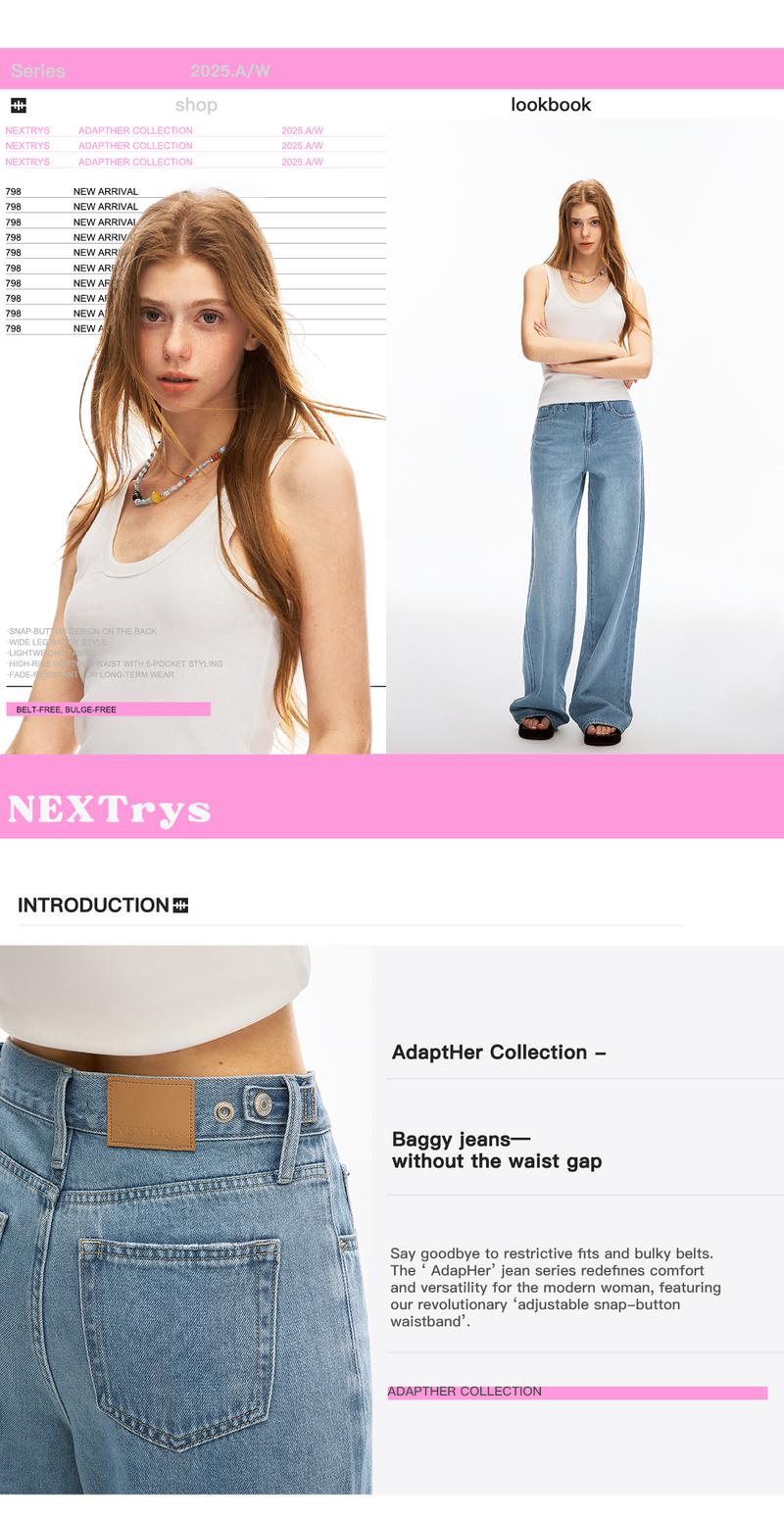 Nextrys AdaptHer Women's High-Rise Wide Straight Leg Baggy Jeans with Snap-Button Waistband Y2K Lightweight Tummy Control Casual Everyday Style Denim Basic Minimalist Maxi