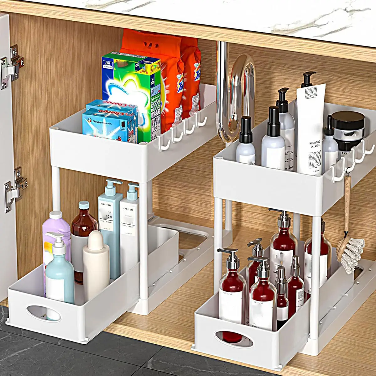 2pcs Under Sink Organizer Multi Purpose Black Plastic Storage Basket with Sliding Shelves and 8 Hooks Durable Metal Construction Bathroom Kitchen Cabinet Spice Rack Mother's day Gift Valentines gift