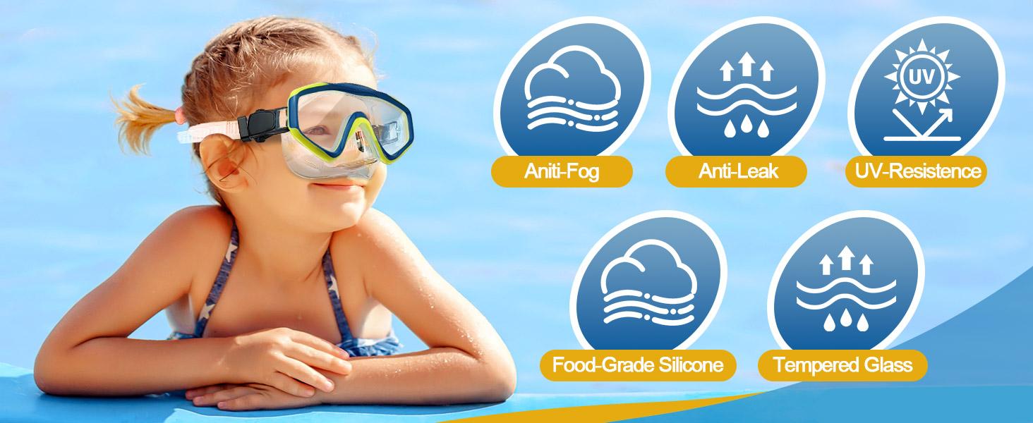 Rantizon Kids Swim Goggles Snorkel Diving Mask with Nose Cover, Anti-Fog Anti-Shattered UV Protection, No-Leak Design for Ages 3-15, Comfortable Fit Outdoorfun