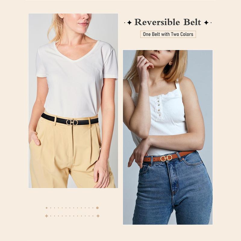 Women Reversible Double Sided Thin Belt Fashion Elegant PU Leather Tight Waist Belt with Gold Buckle Vintage Two-in-One Jeans Dress Long Coats Belts Female Accessories