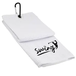 Swing Sports Golf Towel With Clip - White Waffle Tri-Fold Microfiber Golf Towel