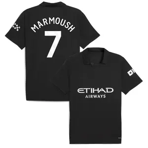 Black MCI Marmoush 2025/26 Match Away Jersey, Black Color Marmoush MCI Away Edition Short Sleeve Jersey