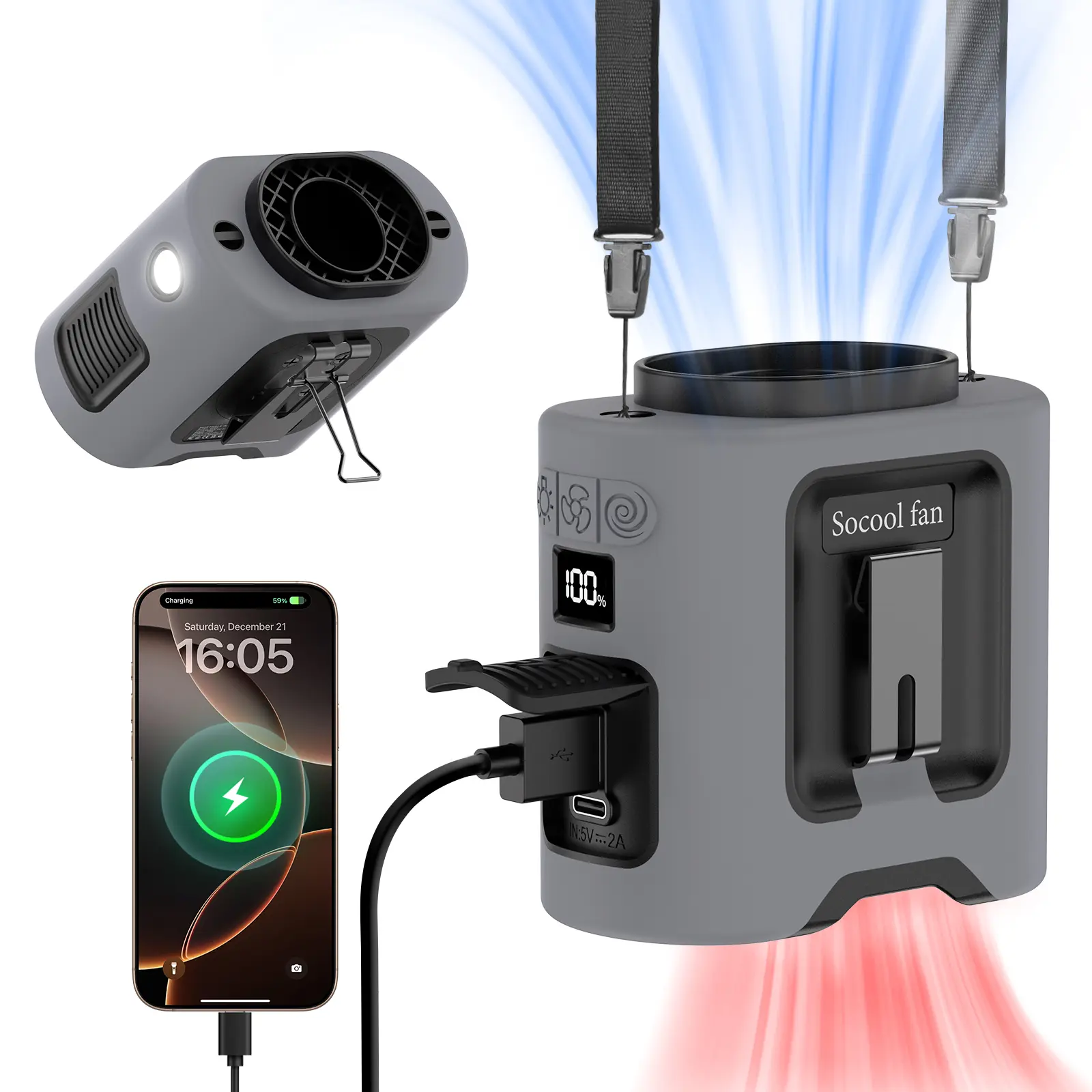 Socool 14500mAh Portable Waist Fan Clip on Belt 360 Rotation Wearable Rechargeable Personal Shirt Fan, 67H Cooling 5-Speed Battery Operated Fans with Light, Neck Fan Hanging for Outdoor Camping Travel