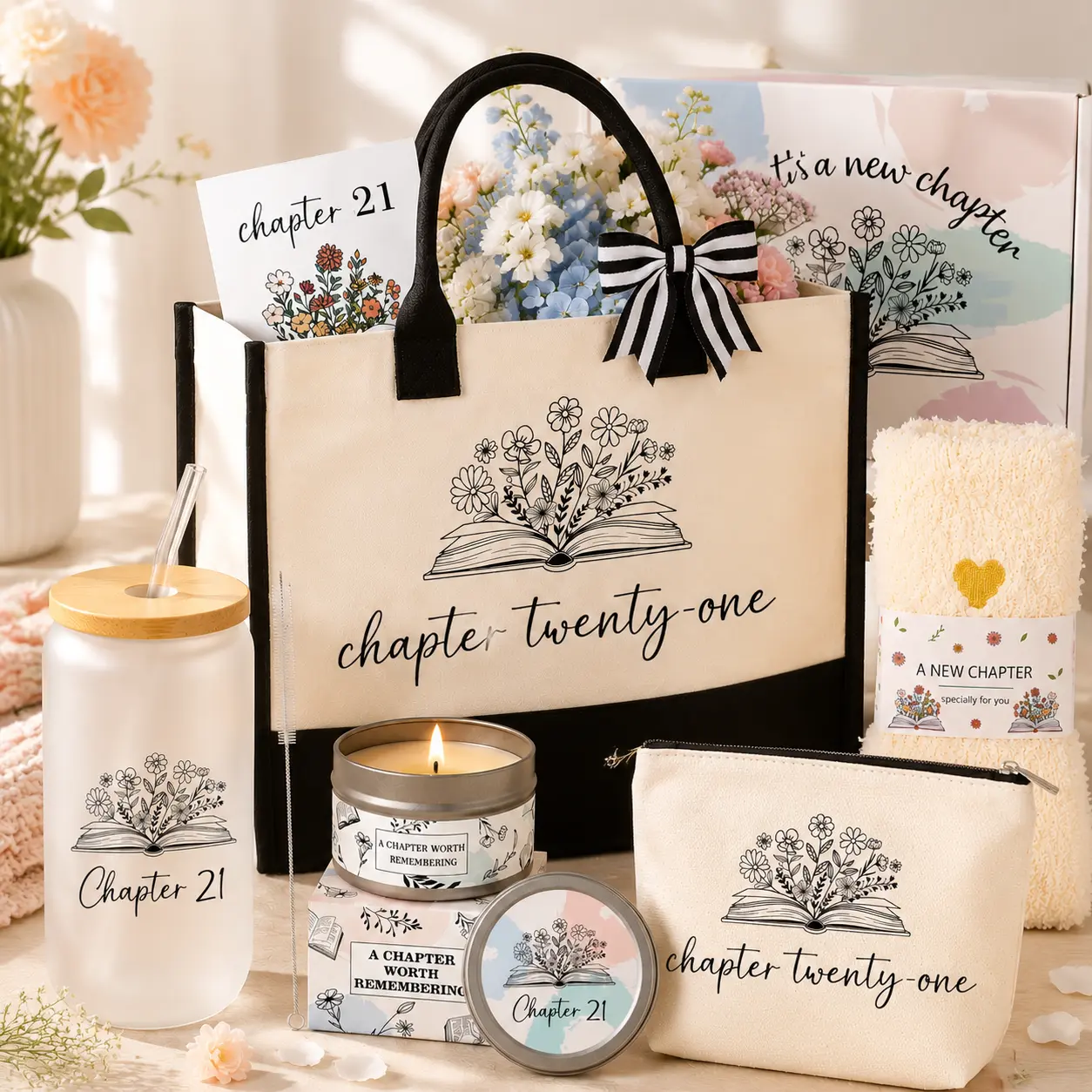Giftota Next Chapter Birthday Gift Basket Set for Her 21st 30th 40th 50th 60th 70th 80th with Tote Bag Makeup Bag Tumbler Candle Socks Greeting Card Unique Milestone Birthday Present for Mom Sister Grandma Wife Friend