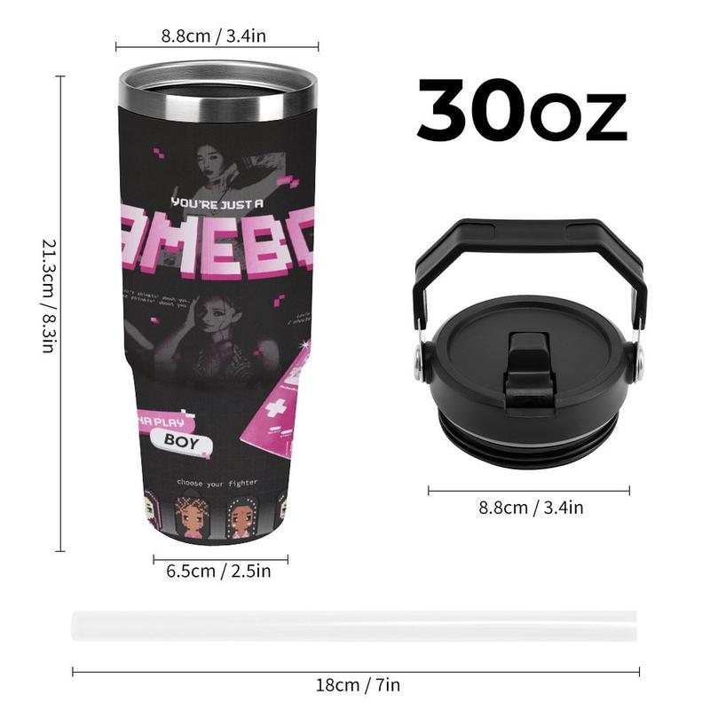 KATSEYE "GAMEBOY" Pixel Lyric 30oz Insulated Tumbler K-Pop Fan Car Cup Double-Walled Vacuum Stainless Steel Leakproof Lid Portable Design Iconic Retro Style