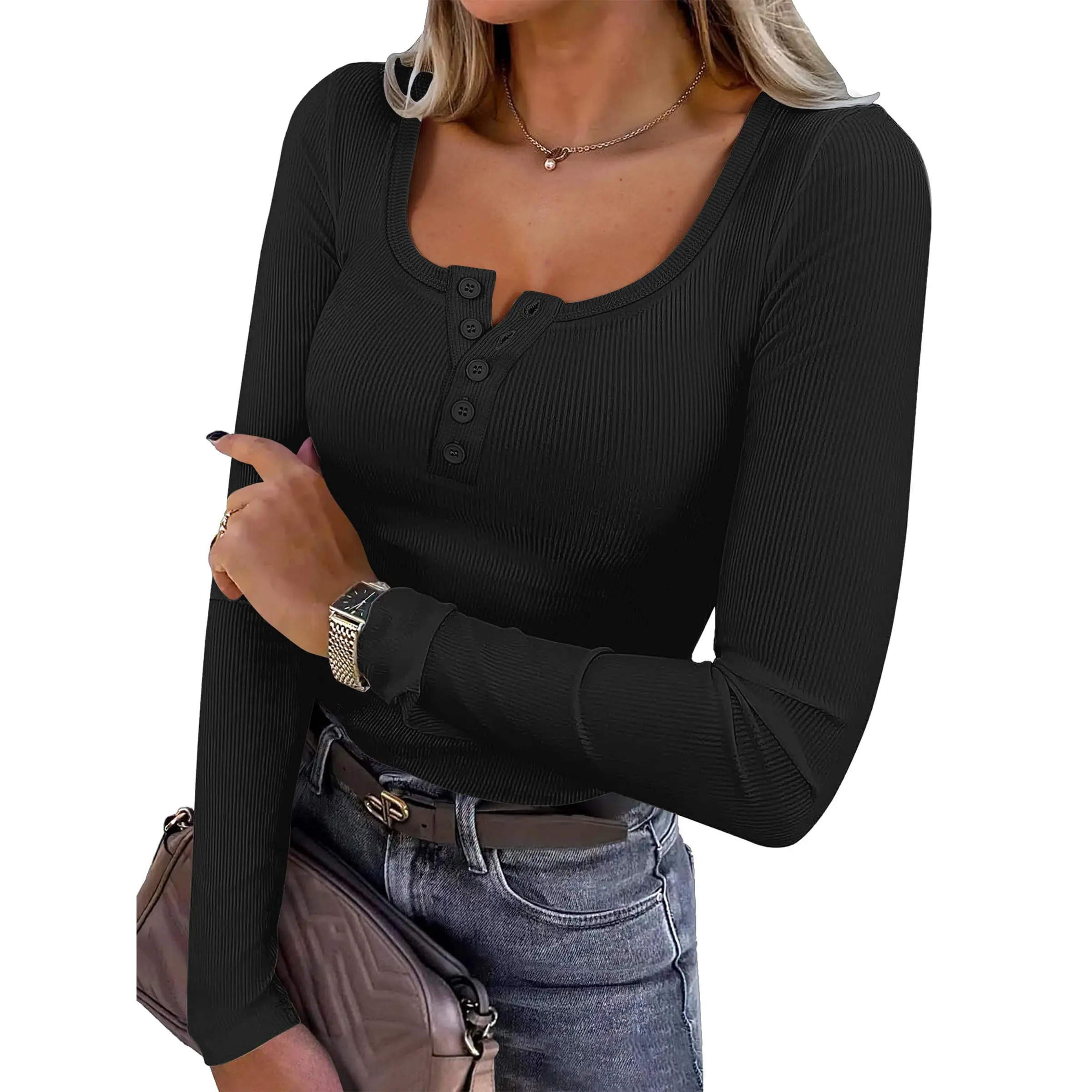 ANRABESS Women's Long Sleeve Henley Tops Ribbed Knit Slim Fitted Trendy T Shirt Basic Tees Layer 2026 Fall Fashion Outfits