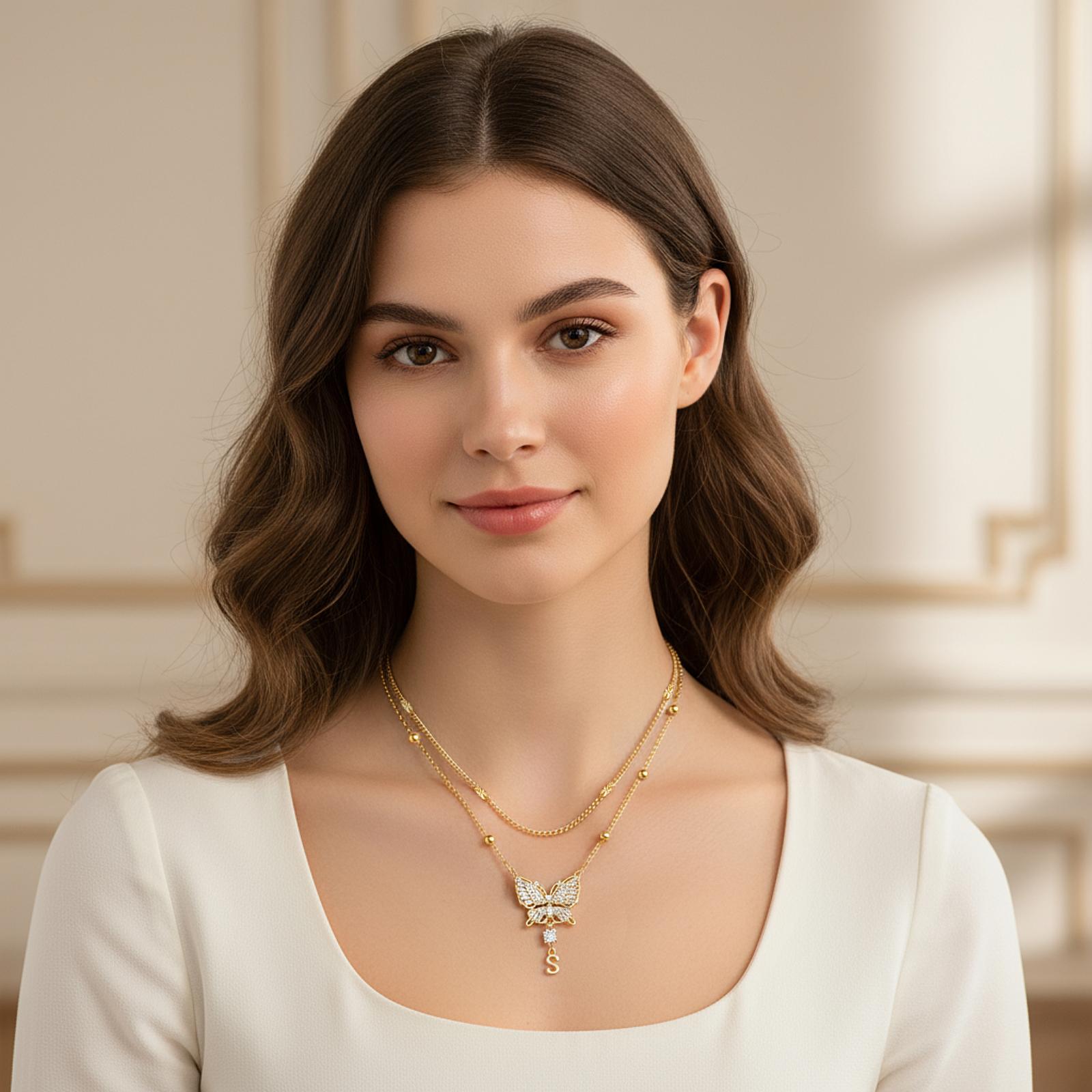 MEIITRUE Butterfly Initial Necklace for Women 14K Gold Plated 5A CZ Pendant Layered Necklace with Adjustable 18in + 2in Extender Hypoallergenic & Skin-Friendly
