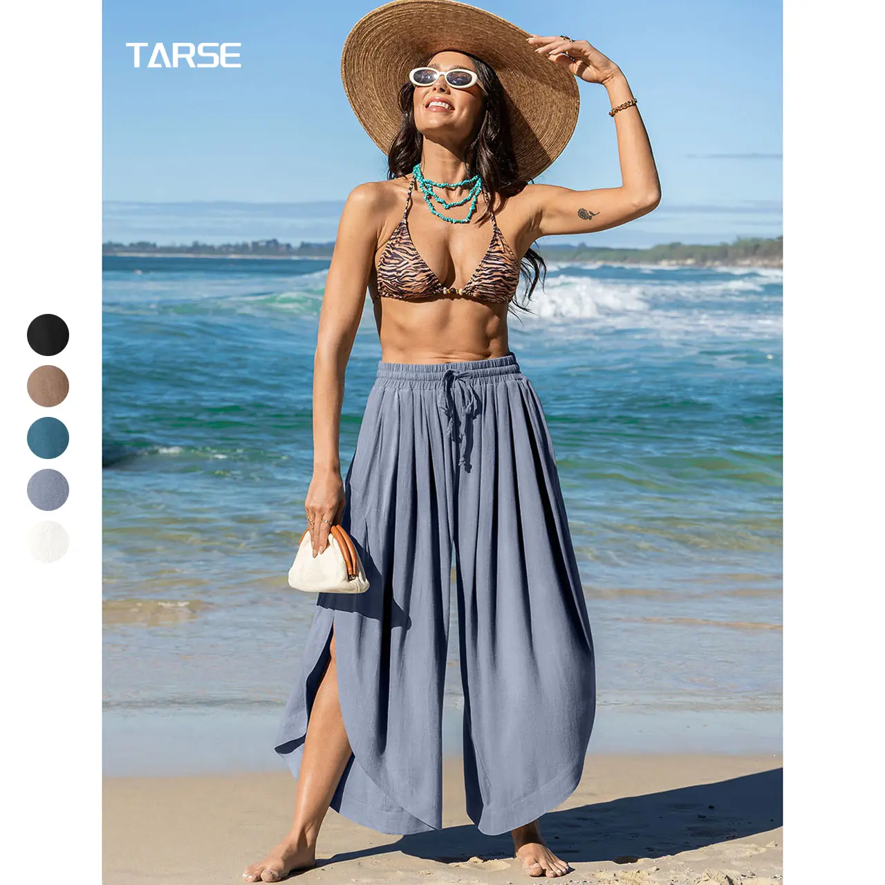 TARSE Womens Linen Blend Breathable Wide Leg Split Skirt Pants Boho Loose Palazzo High Waist Elastic Waist Drawstring 2026 Beach Vacation Pants