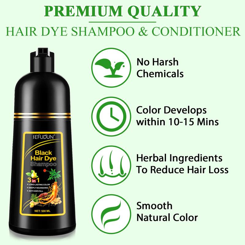 SEFUDUN Black Hair Dye Shampoo 3-in-1 Semi-Permanent Gray Hair Coverage for Men & Women Herbal Instant Hair Color Shampoo Long-Lasting Dark Color 500ML