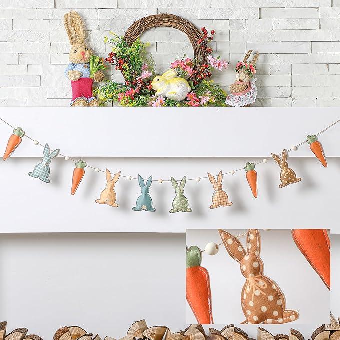 Easter Bunny Garland Wood Beads Banner Rustic Rabbits Hanging Garland with Beads, Bunny Eggs with Bow Door Wreath Garland for Mantle Fireplace Shelf Wall Doorway Display, Spring Home Decor, Easter Decor 2026 Easy Hang Indoor Outdoor Party Supplies & Gifts