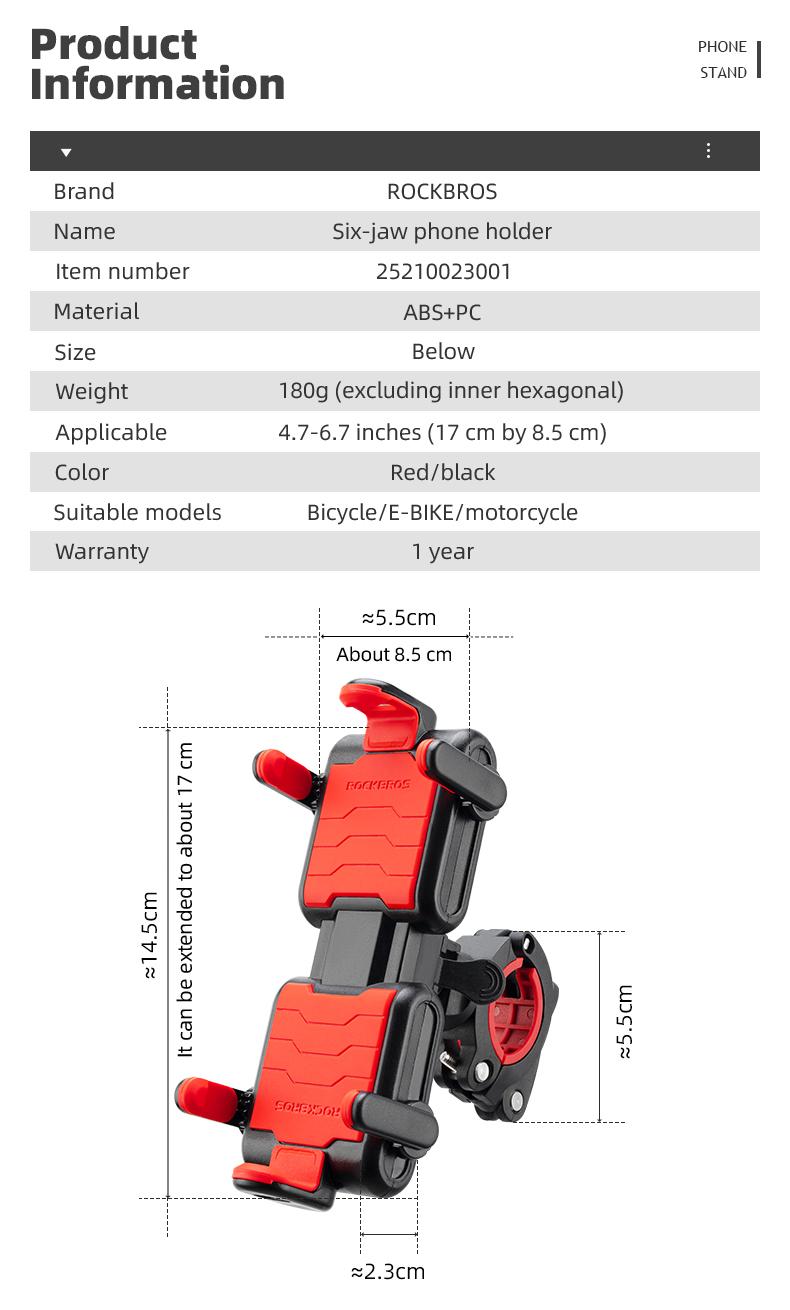 ROCKBROS Bike Phone Holder- Adjustable Motorcycle Phone Mount Handlebar Clip for Bicycle Scooter, Cell Phone Clamp for 4.1" - 6.7" Smartphones iPhone 14 Plus/Pro Max, 13 Pro Max, S9, S10 and More