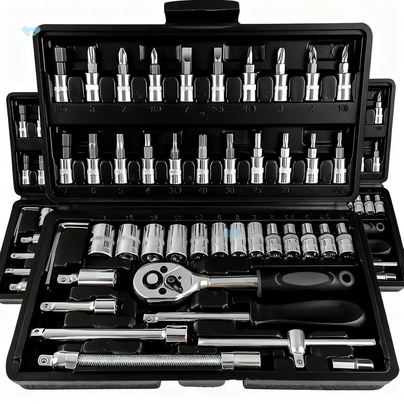 Car Repair Mechanic Tool Kit, 46Pcs Household Hand Kit with 1/2 1/4 3/8 Deep & Standard Sockets, Ratchet Torque Wrench Screwdriver Hardware Toolbox, Multi-Purpose Auto Bike Machinery DIY Maintenance Tools, Birthday & Valentine’s Gift for Men Husband