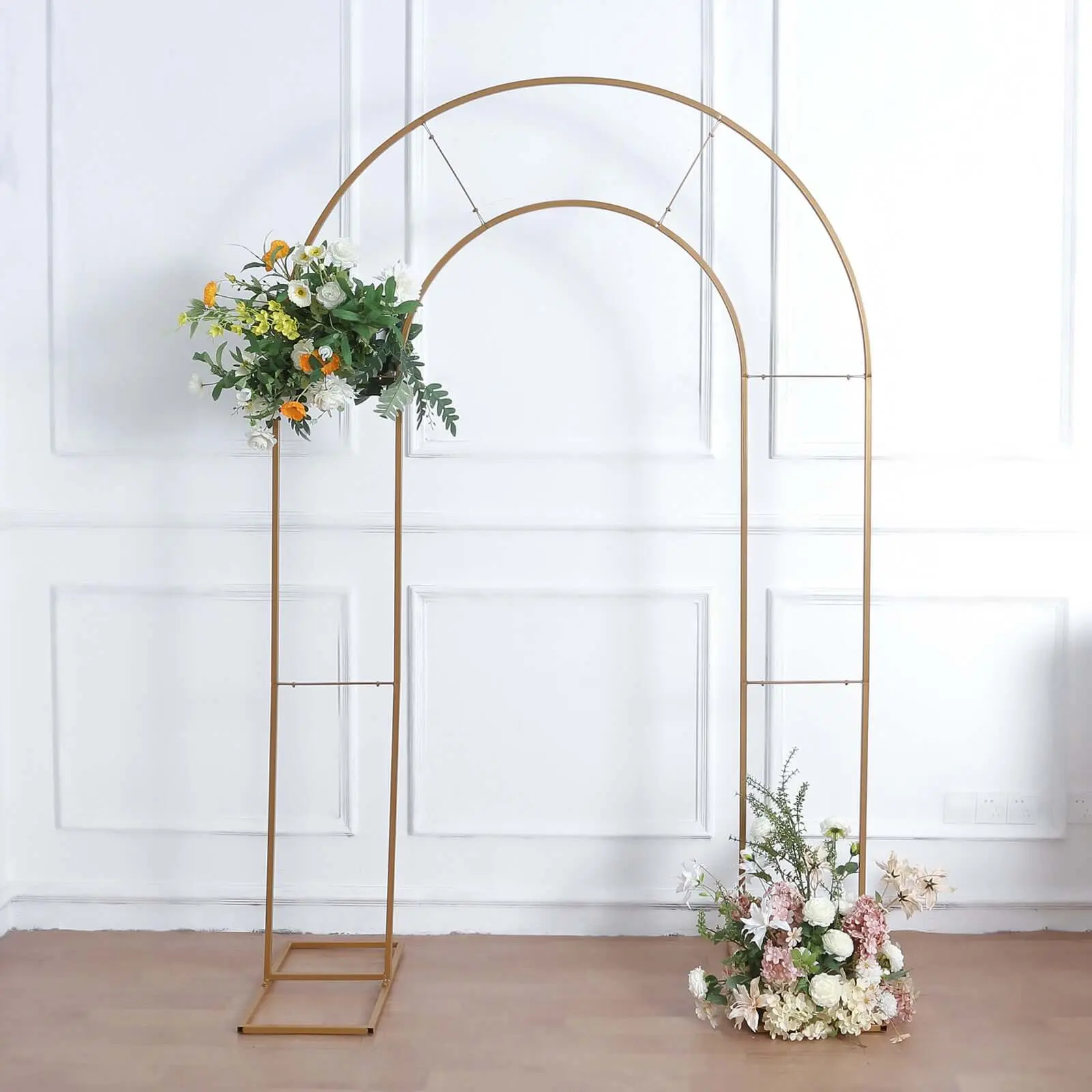 8ft Tall Sturdy Gold Metal Round-Top Double Arch Wedding Arbor, Self-Standing Easy-Install Elegant Floral Wedding Supplies, Ceremony Backdrop Stand for Birthday Balloon Decoration Flower Frame