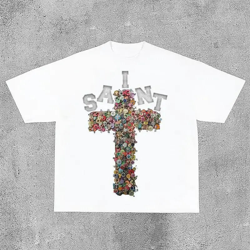 Vintage Saint Cross Graphics Printed Cotton T-Shirt Y2k Graphic Tees vintage graphic tees Soft Top Crewneck Casual Womenswear Shortsleeve Summer Tshirt