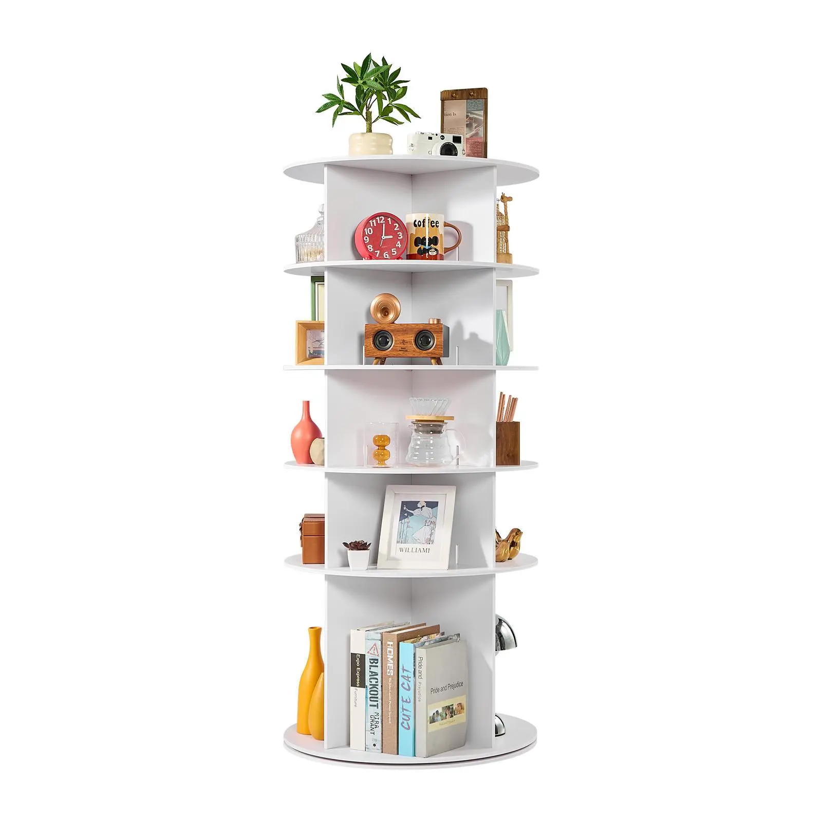 VEVOR Round 5-Tier 360° Rotating Shoe Cabinet Organizer - 40cm PVC Panels Freestanding Lazy Susan, Minimalist Decluttering Indoor Furniture for Bedroom Entryway Room Storage, Plug-in Shelving Solution, Reinforced Base