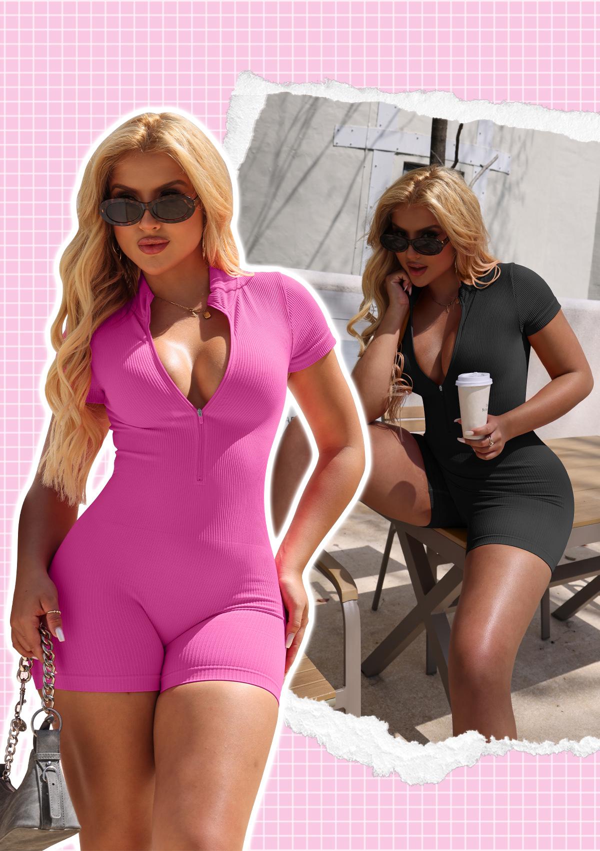 OQQ-Nine cents Women Yoga Rompers Workout Ribbed Short Sleeve Zip Front Exercise Rompers SpringStatements