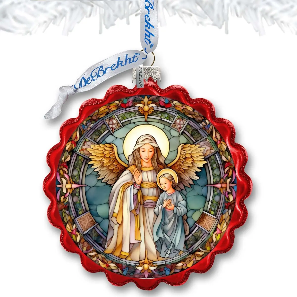 Designocracy 759-053 4 x 3 in. Handpainted Satin Guardian Angel Wreath Glass Ornament, Classic Christmas Decor, Angel Halo Christmas Decor, Home Festive Decoration