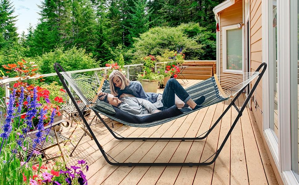 【2-3 People, Double Stand】Yaheetech Heavy-Duty 55in Hammock with Steel Stand, Padded Hammock for Outdoor Balconies/Porches/Patios/Decks/Backyards, 475LB Capacity 【2-3 People, Double Stand】Yaheetech Heavy-Duty 55in Hammock with Steel Stand, Padded Hammock for Outdoor Balconies/Porches/Patios/Decks/Backyards, 475LB Capacity