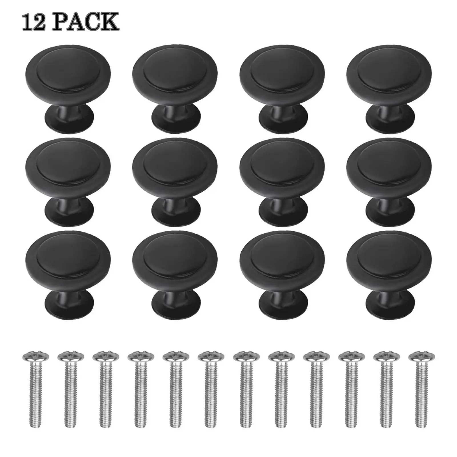12Pack Alloy Round Cabinet Hardware Knobs, 1.1inch Matte Black Flat Pulls Knob Modern Style with Screws for Kitchen Drawer Dresser Cupboard Door Handles Matte Cabinets Pull Bathroom