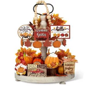J.C 15-Piece Fall Tiered Tray Decor Set (Bright Style) - Farmhouse Pumpkins, Autumn Maple Leaves & Thanksgiving Harvest Wood Block Signs |         Home Table Centerpieces Decoration Gift Ornaments Wooden Smooth