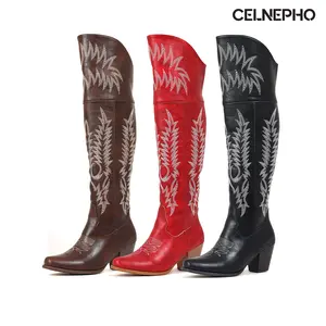 CELNEPHO Women Cowboy Boots Pointed Toe Over The Knee Western Boot Chunky Block Heel Vintage Embroidered Design Side Zipper Clocure Rodeo Booties Easy Pull on Party Wear Horse Riding Country Wedding Dress Shoes