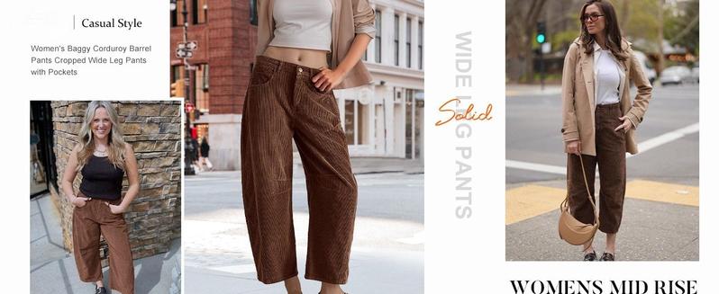 Corduroy Barrel Pants for Women Cord Pants Mid-Rise Wide Leg Baggy Trousers with Pockets Vintage Style Fall Winter 2026 Spring Summer Loose Fit Pant