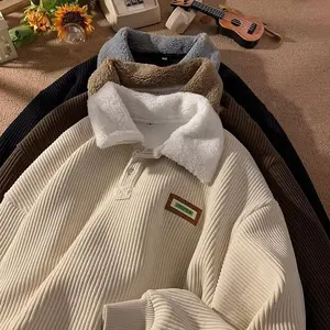 2026 Corduroy Polo sweater couple autumn and winter style plus velvet thickened simple fashion lamb wool coat, Men's Sweatshirts Menswear Hoodie Tops