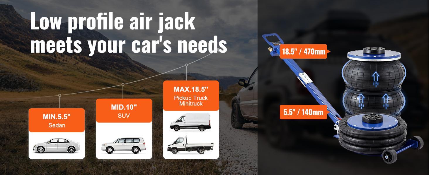 VEVOR Air Jack with Adjustable Handle,  Max 5 Ton/11000 lbs Triple Bag Air Jack, Airbag Jack with Six Steel Pipes, Lift up to 18.5 inch/470 mm, 3-5 s Fast Lifting Pneumatic Jack for Car, Garage, Repair  VEVOR Super Brand Day