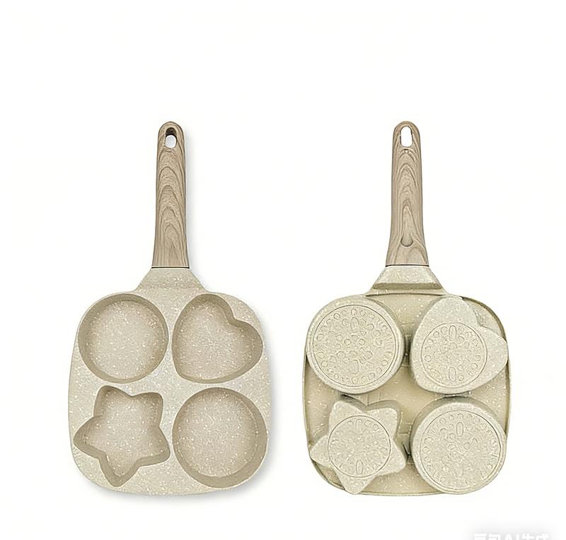 2026 Non-stick Star Hole Design Egg Frying Pan,4 Hole Skillet with Handle,Granite-Style Breakfast Skillet,Medical Stone liner,Nonstick,Easy to Clean,for Breakfast, Eggs,Burgers,for all stoves,Beige,20*20*3.5cm