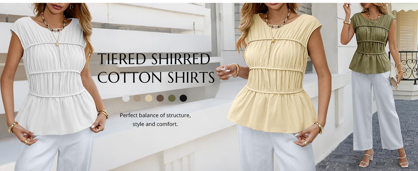 Cicy Bell Womens Cap Sleeve Peplum Tank Tops Summer Babydoll Smocked Cotton Shirts Casual Crew Neck Pleated Blouse