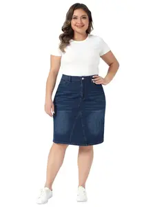 Agnes Orinda Plus Size Denim Skirt for Women High Waist Knee Length Stretch Pockets Casual Midi Jean Pencil Skirts
