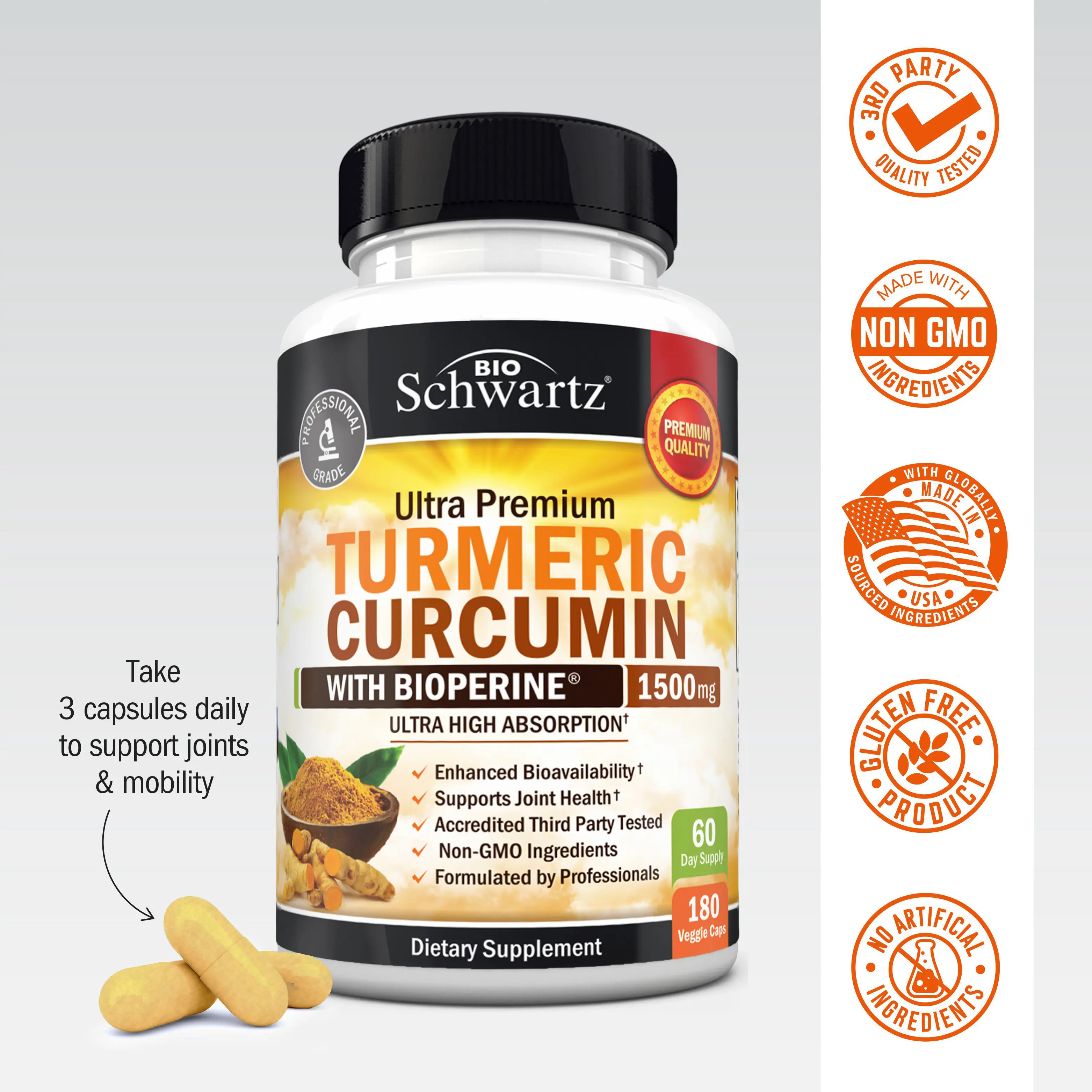 Bioschwartz Ultra Premium Turmeric Curcumin 1500mg Capsules for Joint Support, High Absorption Ultra Potent Turmeric Supplement with 95% Curcuminoids & BioPerine 180 Count Non-GMO GMP Certified Turmeric Supplement