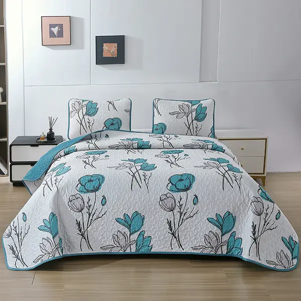 Turquoise Floral Reversible Botanical Quilt Set - 2/3pcs Soft Breathable Flat Weave Microfiber Bedspread Coverlet with Pillow Shams, All-Seasons, Machine Washable, Easy Care for Bedroom, Guest Room (Twin, Queen), Bed Set, Botanical Look