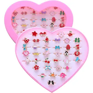 Summer Gift  36pcs Little Girl Jewel Rings, Adjustable, No Duplication Kids Play Rings in Box,Pretend and Dress Up Rings for 4-12 Year Old Girls Birthday Gifts Holiday Gifts, 4 5 6 7 8 9 10 11 12 Year Old Girl Toys Rings for Kids