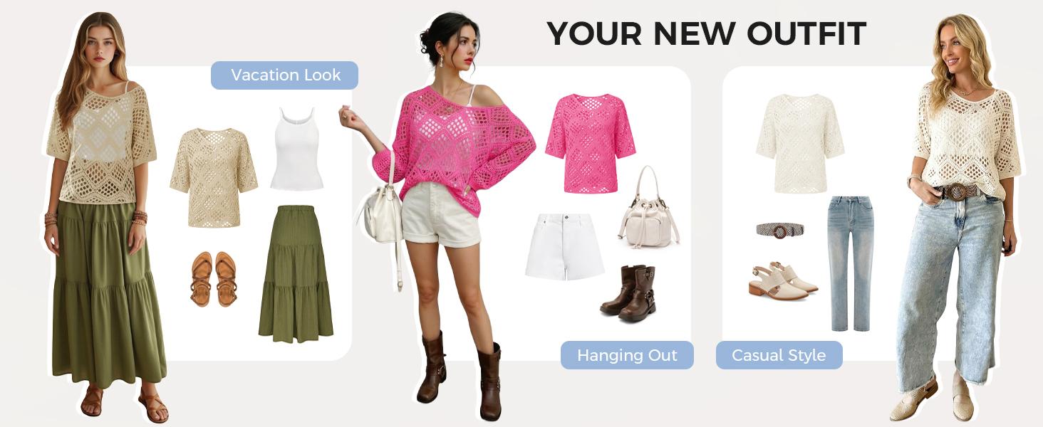 Fisoew Women's Bohemian-Inspired Beige Crochet Top with V-Neck #Springtok #TikTokShopJumpstartSale Casual Chic