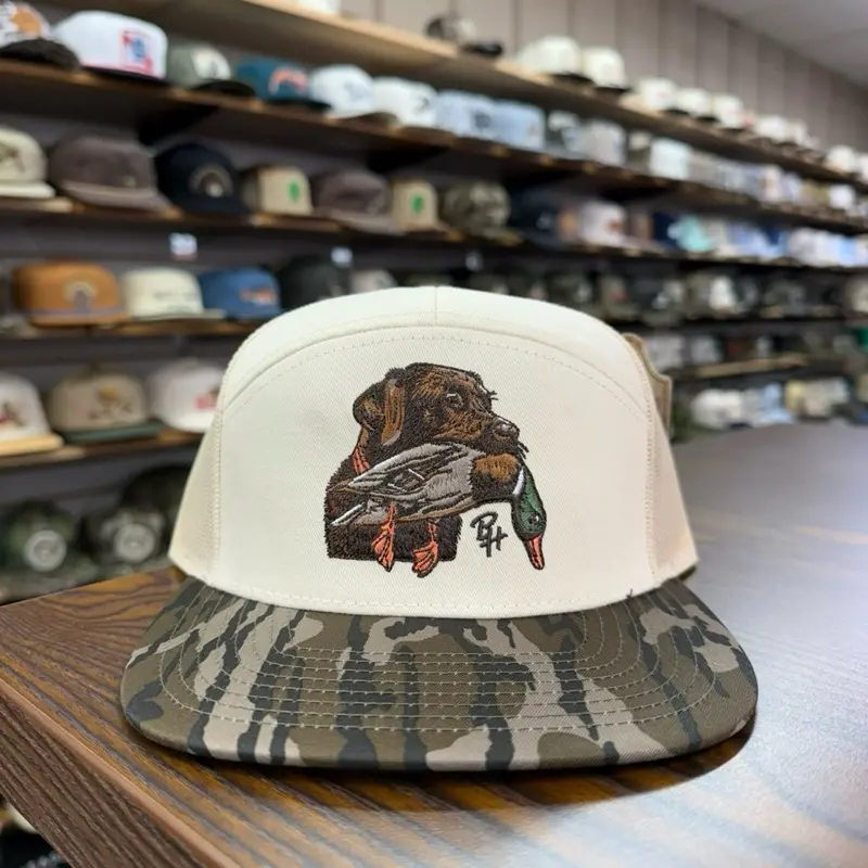Chocolate Lab & Mallard 7 Panel Hat SnapBack- Off White/Bottomland