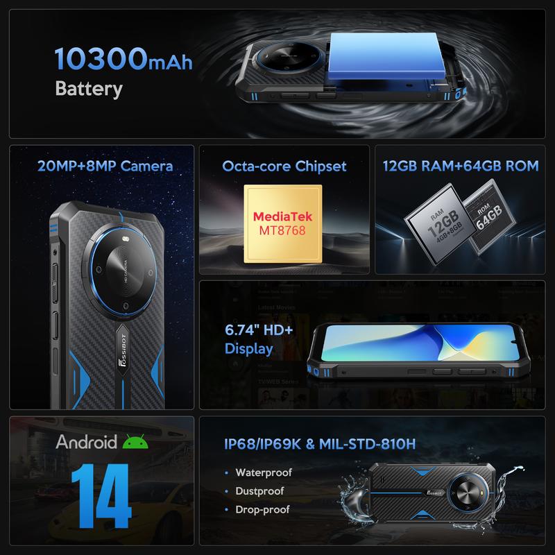 FOSSIBOT F105 Rugged Phone Unlocked 10300mAh Battery Cell 6.74" HD+Display 12GB RAM/64GB ROM 20MP Camera 4G Dual SIM Android 14 Waterproof IP68/IP69K Outdoorfun (NOT Compatible with AT&T, Cricket, and Verizon)