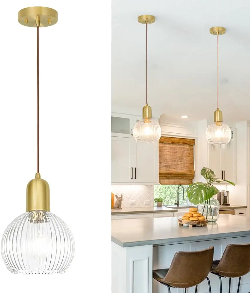Modern Gold Pendant Lights Kitchen Island Lighting, Clear Glass Globe Pendant Light for Kitchen Adjustable 11.8-59" Brass Dining Room Hanging Light Fixture Vintage Ribbed Ceiling Pendant Light