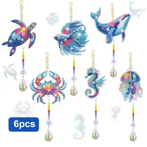 6Pcs Ocean Animal Diamond Painting Art Kits - Diamond Art Wind Chime with Crystal Pendant,DIY Handmade Craft Gift for Adults,for Home Office Decoration