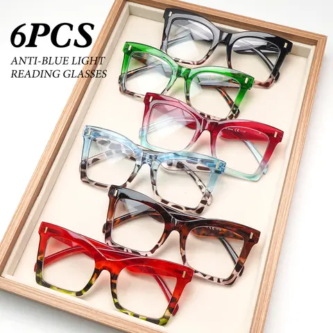 6 Pack Reading Glasses for Women Fashion Blue Light Blocking Anti Glare Square Oversized Gradient Pattern Spring Hinge Computer Eyeglasses