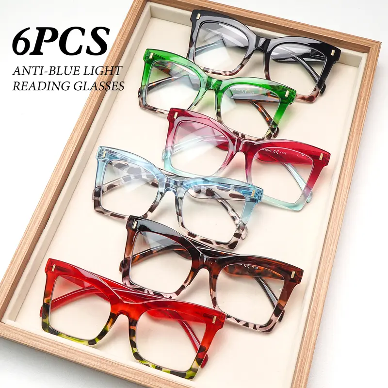 6 Pack Reading Glasses for Women Fashion Blue Light Blocking Anti Glare Square Oversized Gradient Pattern Spring Hinge Computer Eyeglasses