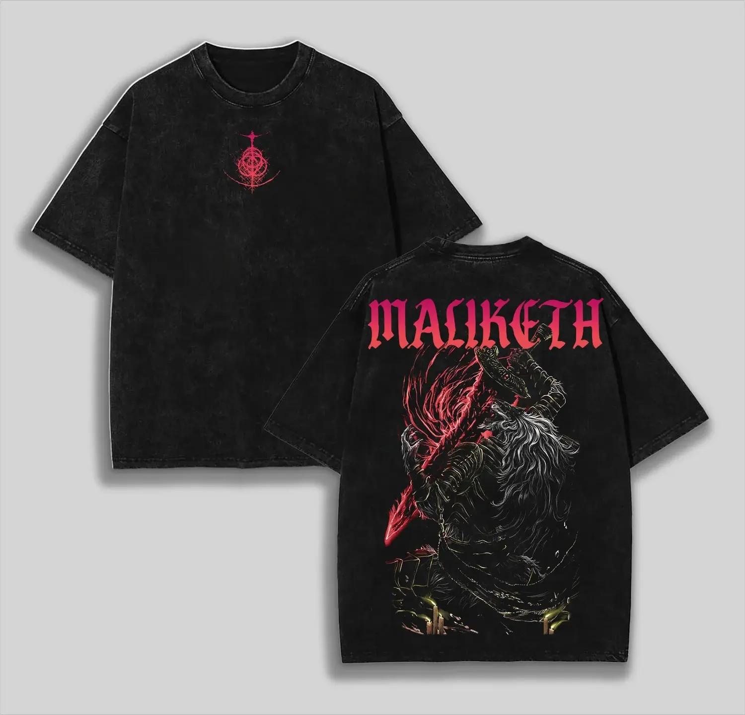 Maliketh Vintage Washed T-Shirt, Retro Elden Ring Heavyweight Boss Graphic Tee, Dark Fantasy Gaming Streetwear, Unisex Short Sleeve Top