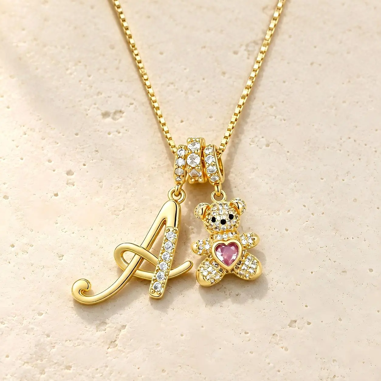 Personalized Initial Teddy Bear Heart Necklace Gold Letter Pendant Necklace Cute Zircon Bear Charm Jewelry 2026 Trendy New Style
