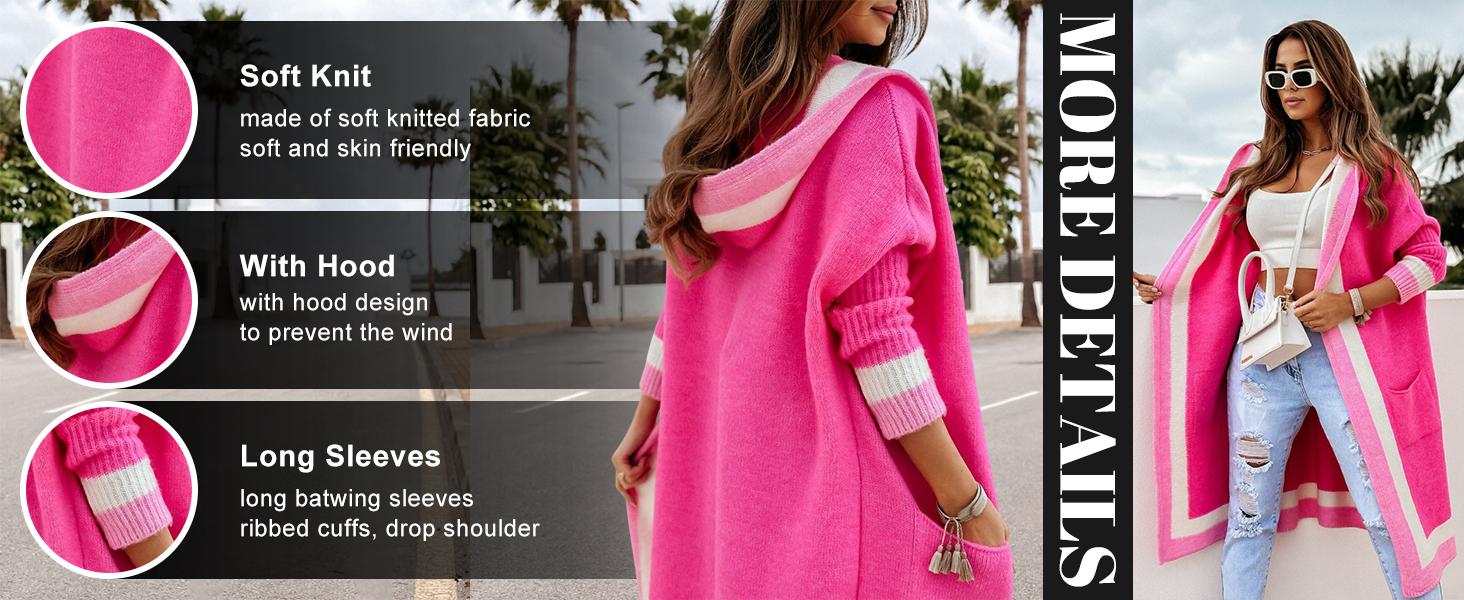 Ebossy Women's Apricot Khaki Color Block Striped Hooded Cardigan Sweater with Pockets Oversized Long Knitwear Top for Daily Wear Casual Womenswear