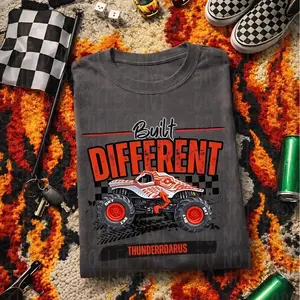 Youth and Adult Built Different ThunderROARus Monster Truck T-Shirt, Racing Checkered Graphic Tee, Monster Jam shirt, Monster Truck shirt, Off-Road Motorsports Tee, Monster Truck Fan Gift, Youth clothing, summer outfit, Racing Fan Gift