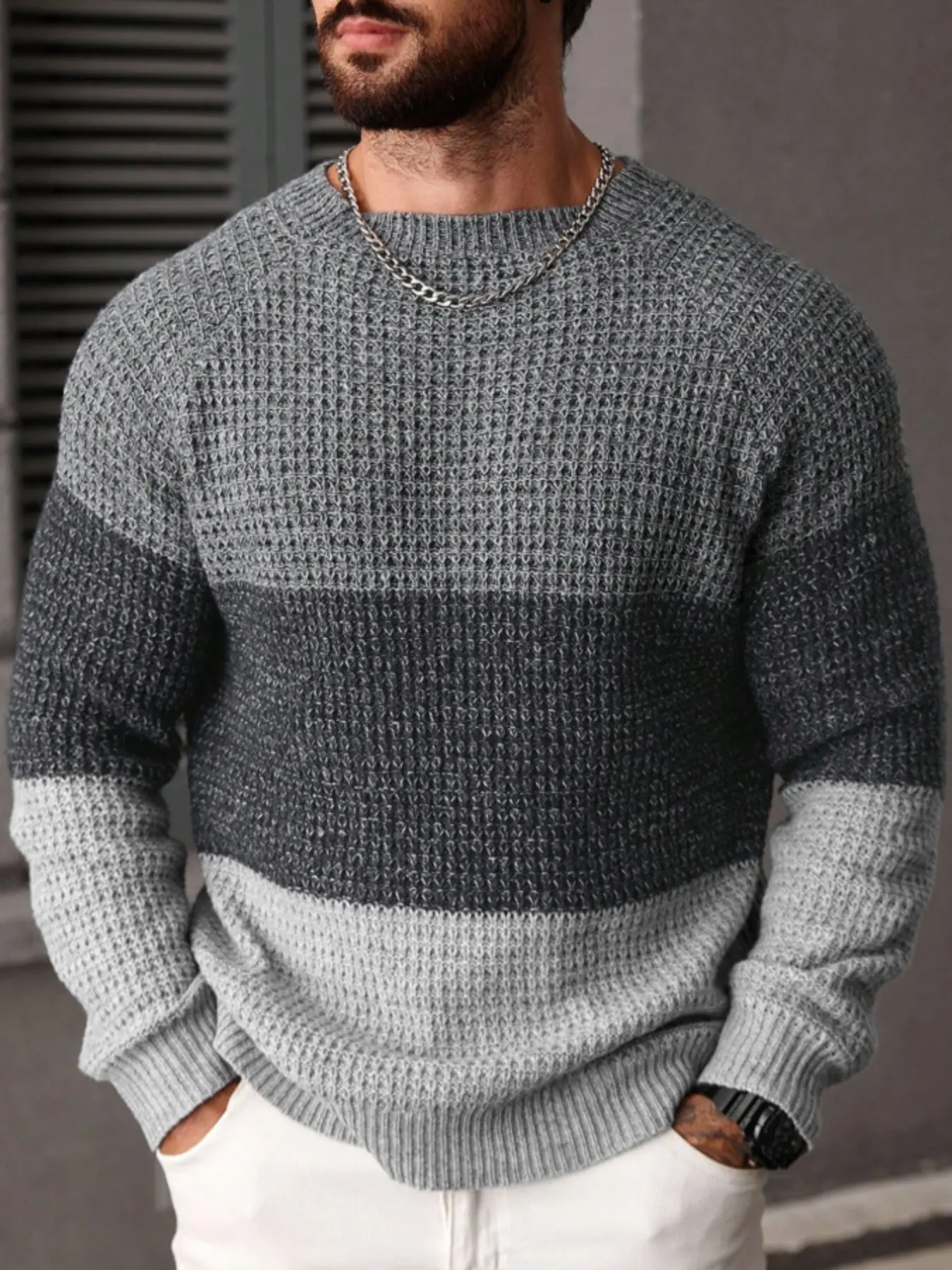 Men's Autumn Winter Casual Knit Pullover Sweater Long Sleeve, Colorblock Hemp Texture Design, Fashionable Layering Choice and Layering Option for Leisure Occasions