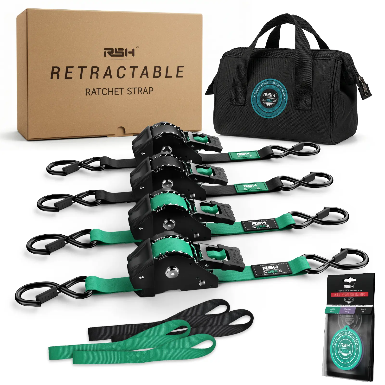 RSH 4 Pack Medium-Duty Retractable Ratchet Straps, Self-Retracting Tie-Down Straps for Trucks, Cargo Trailers