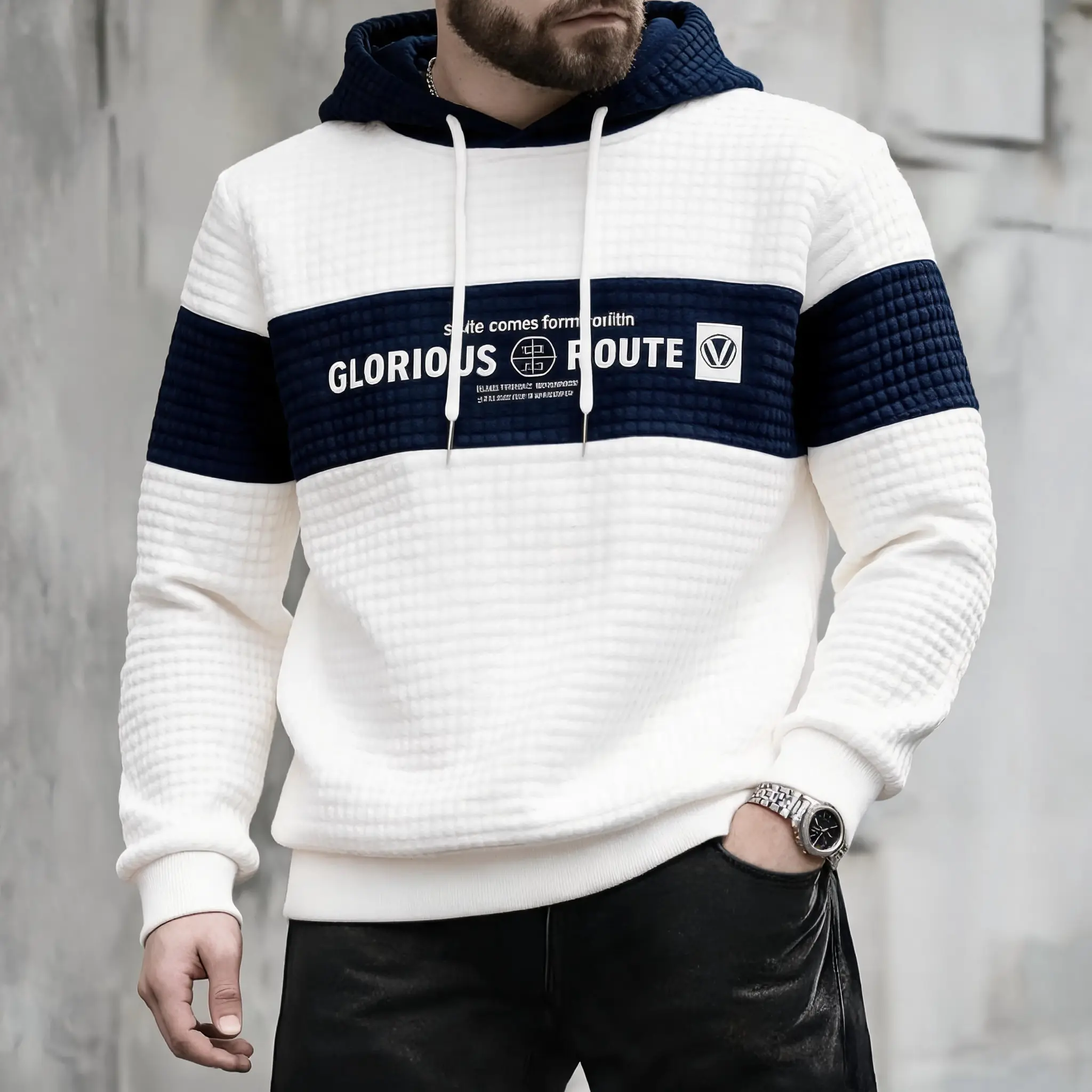 Men's Cozy Waffle Texture Oversized Hoodie Relaxed Fit Pullover with Kangaroo Pocket and Wooden Drawstring Toggles - Viral TikTok Style